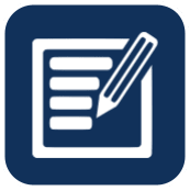 An icon of a pencil writing on a piece of paper.