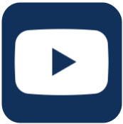 A white youtube icon in a blue square on a white background.