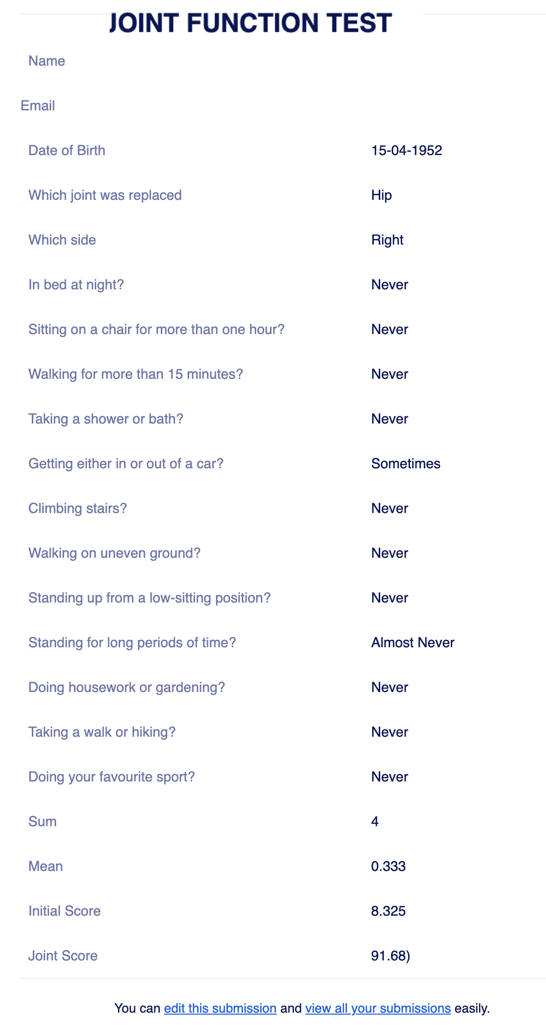 A white sheet of paper with the words joint function test on it