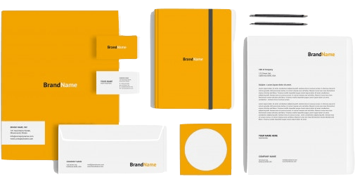 A set of yellow corporate identity mockups on a white background.