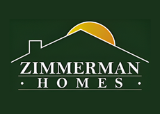 Logo for Zimmerman Homes featuring a white outline of a house and a yellow sun on a dark green background.