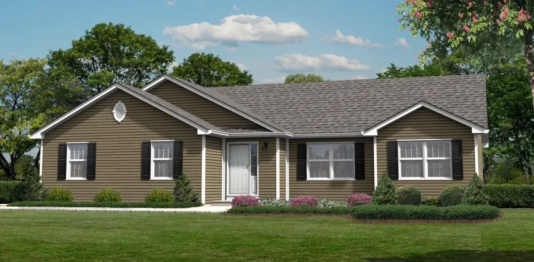 A single-story house with brown horizontal siding, white trim, black shutters, and a gray shingled roof on a grassy lawn.