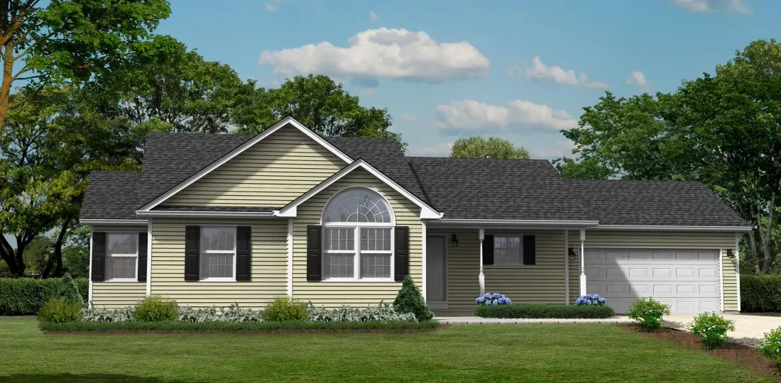 A one-story suburban home with light tan siding, dark gray roof, white trim, and an attached two-car garage.