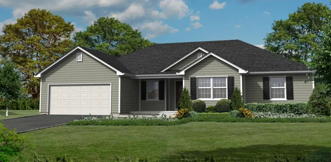 A gray single-story suburban house with a two-car garage, black roof, and front lawn under a blue sky.