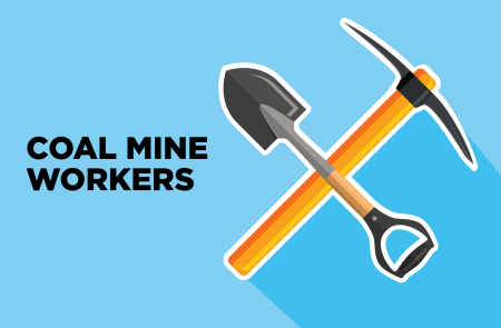 Coal mine workers text beside crossed pickaxe and shovel on blue background