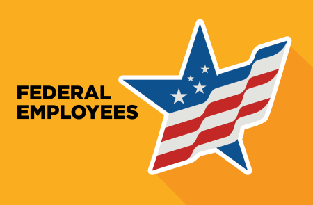 Federal Employees text beside a blue star with red and white stripes on an orange background