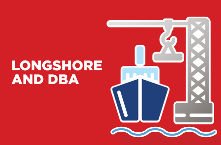 Longshore and DBA logo with a blue cargo ship and white crane on a red background