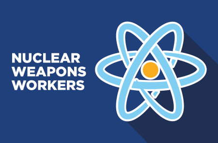 Logo reading “Nuclear Weapons Workers” with a light blue atom symbol and orange center on a dark blue background