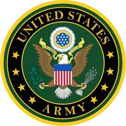 United States Army circular seal with eagle, shield, and stars in black, gold, green, and red.