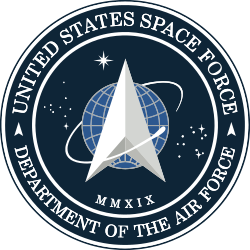 United States Space Force seal with globe, star, and white delta emblem on dark blue background