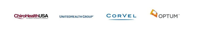 Healthcare company logos: Chicago HealthUSA, InterCare Group, CorVel, and Optum on a white background