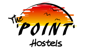 A logo for the point hostels with a sunset in the background