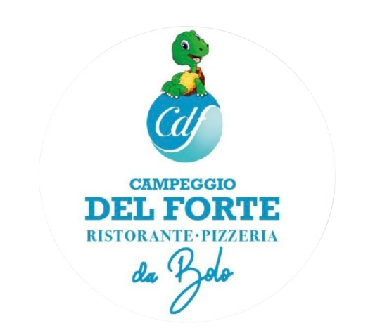 Logo per il ristorante Campeggio Del Forte con una tartaruga su una palla blu, testo turchese, sfondo bianco.