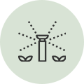 A line drawing of a sprinkler spraying water on a green background.
