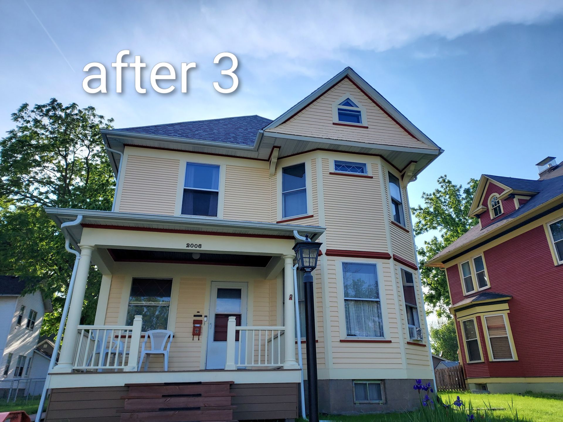 Victorian house exterior with cream siding and blue roof, labeled “after 3”