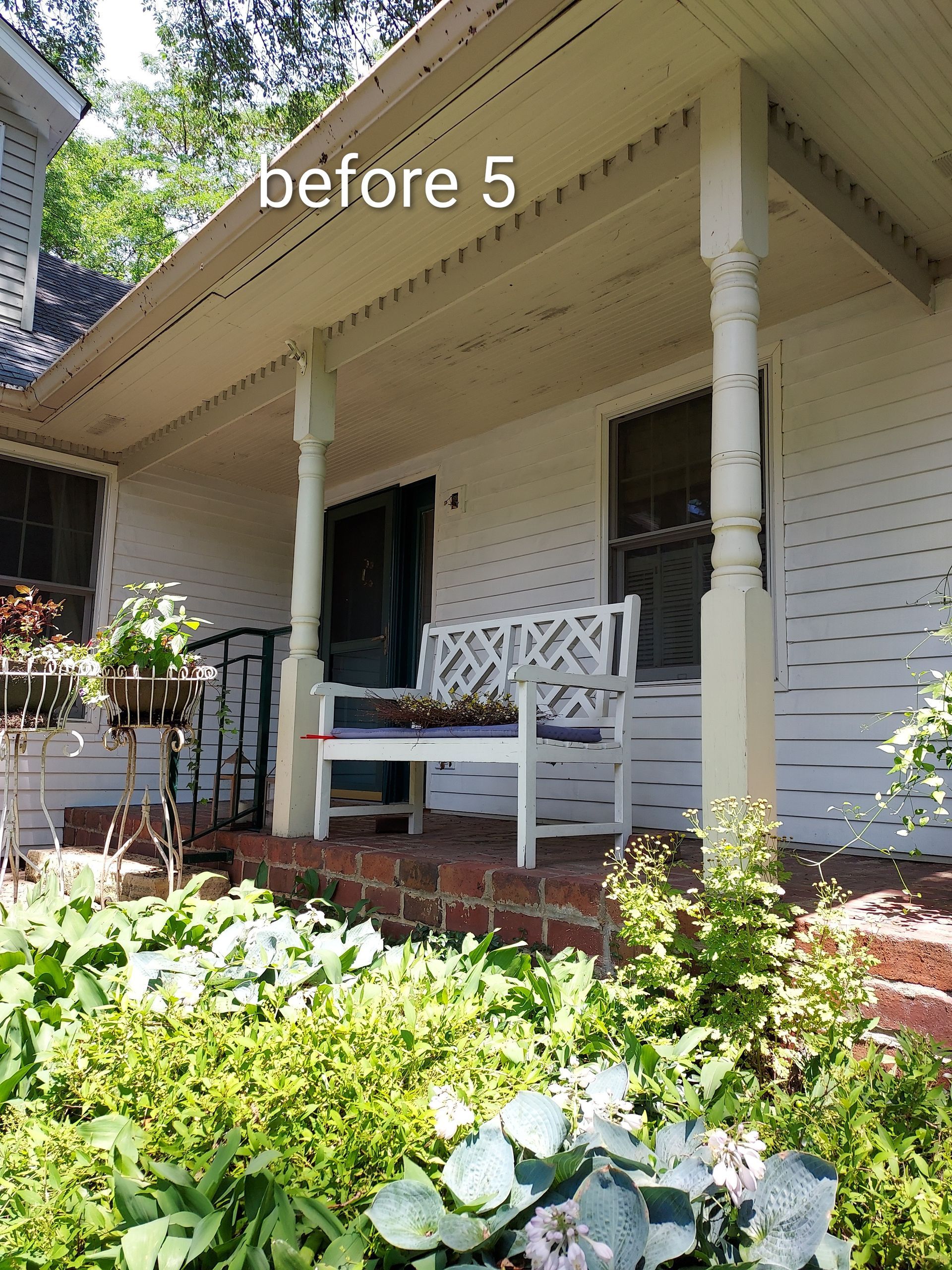 Front porch with white bench and flowers in front of a beige house, labeled “before 5”