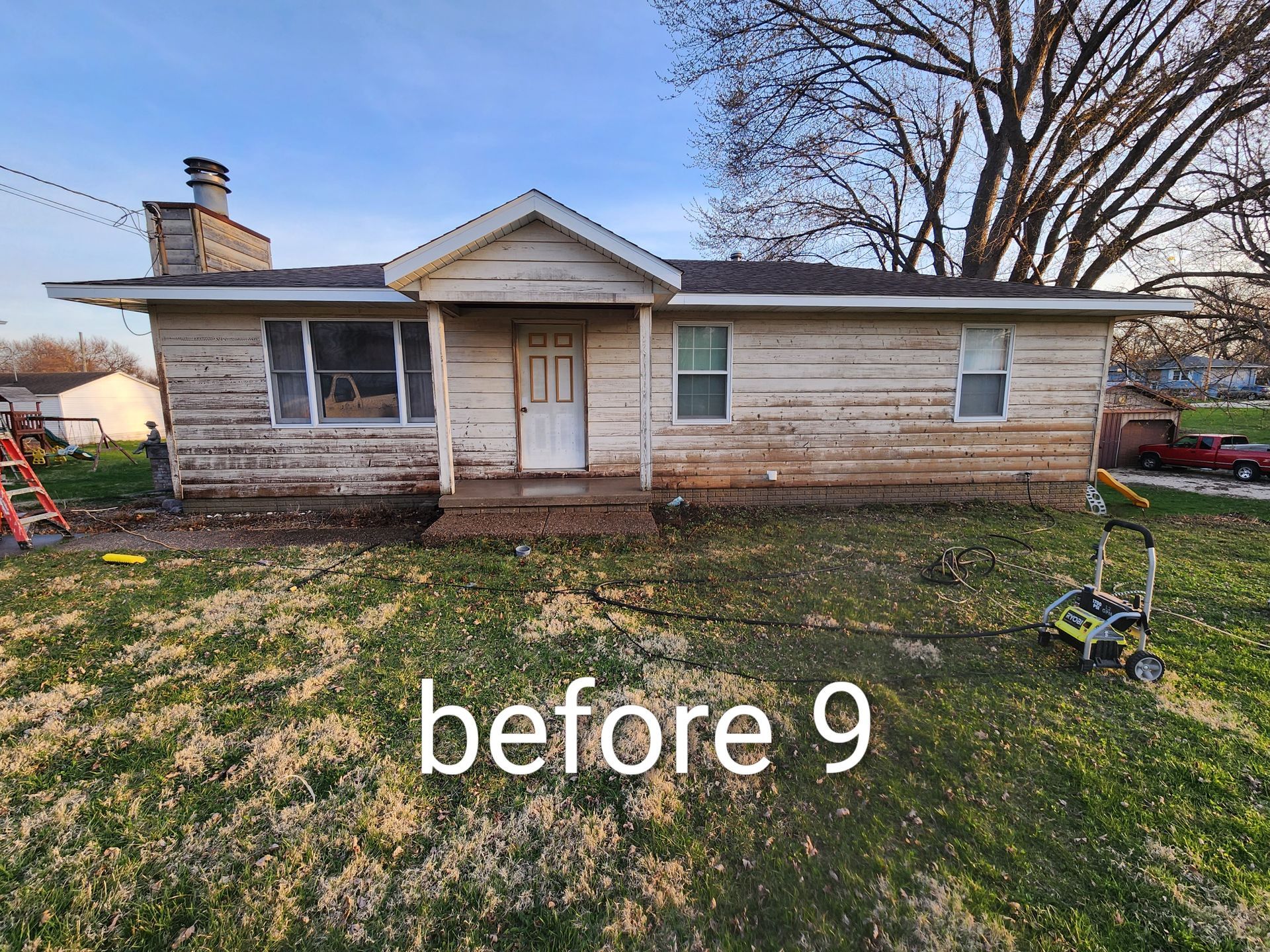 Single-story beige house with front porch and yard, labeled “before 9”
