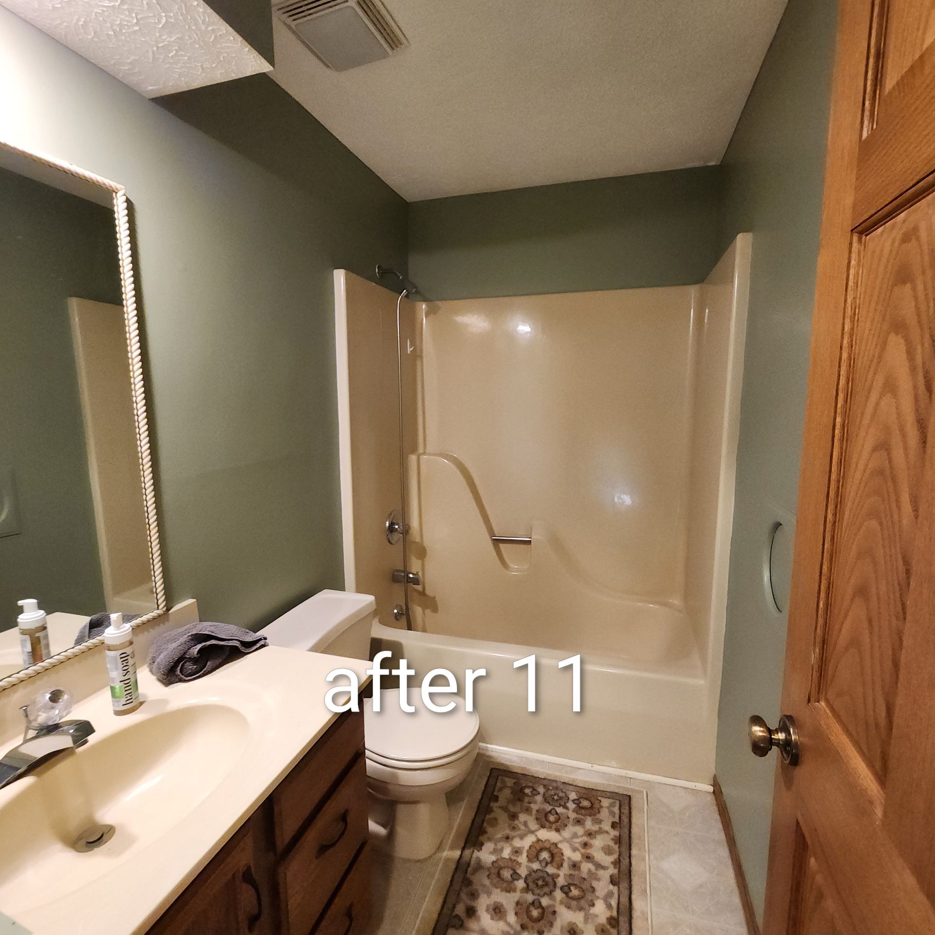 Small bathroom with vanity, mirror, toilet, beige shower, and patterned rug.