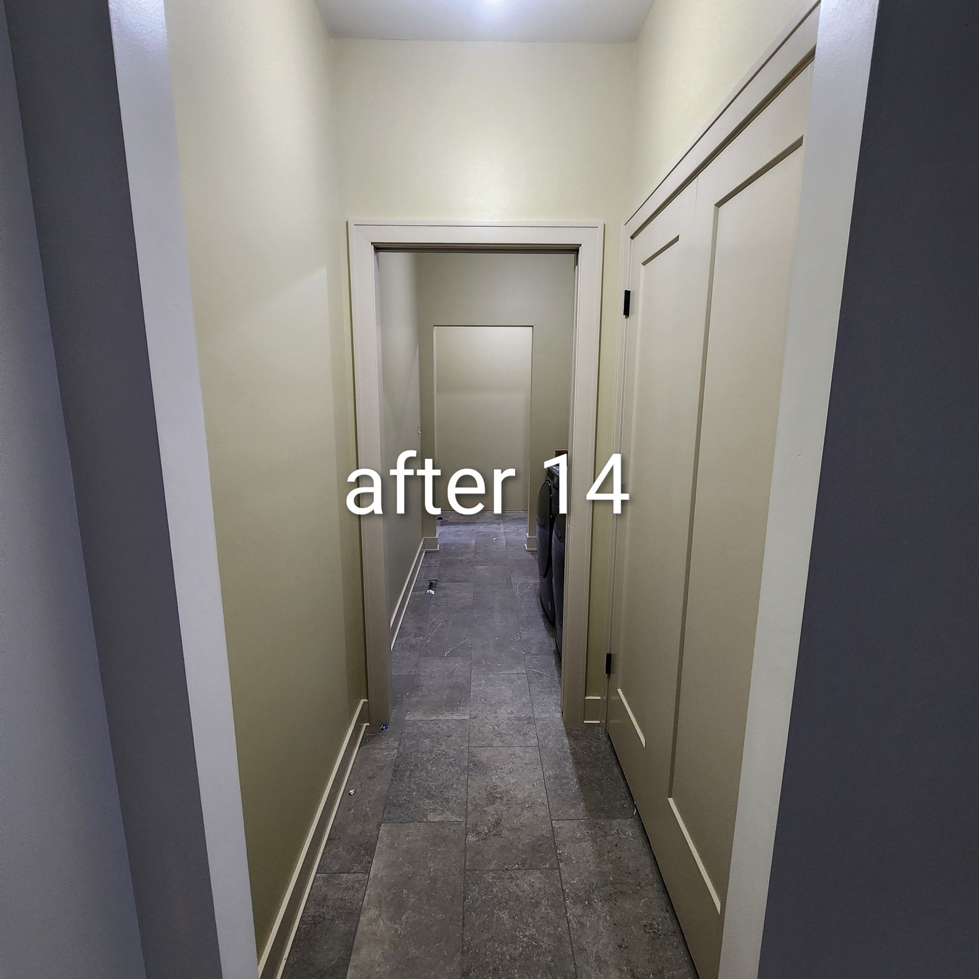 Narrow beige hallway with gray carpet and white doors, labeled “after 14” in the center.