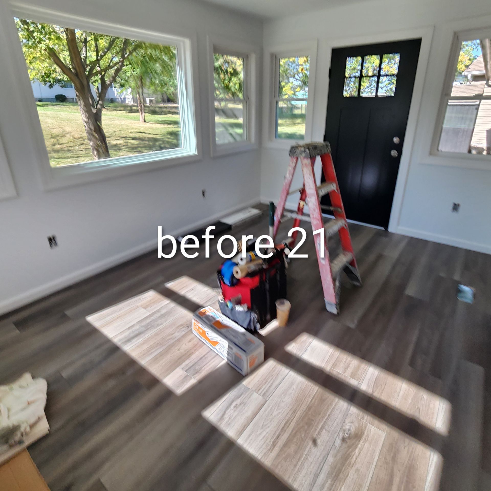 Sunlit room with gray wood floors, black front door, windows, ladder, and cleaning supplies on the floor.