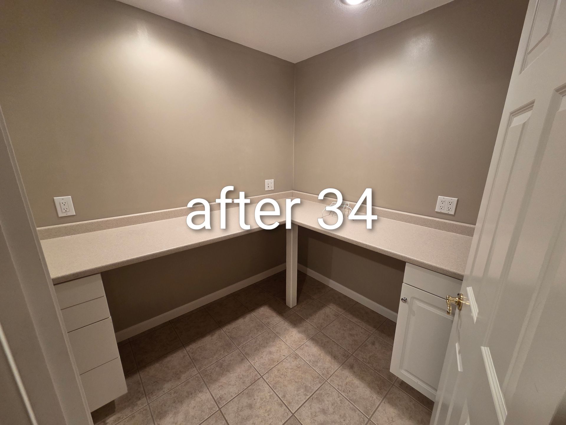 Empty beige corner office with built-in desks and white cabinets, labeled “after 34”