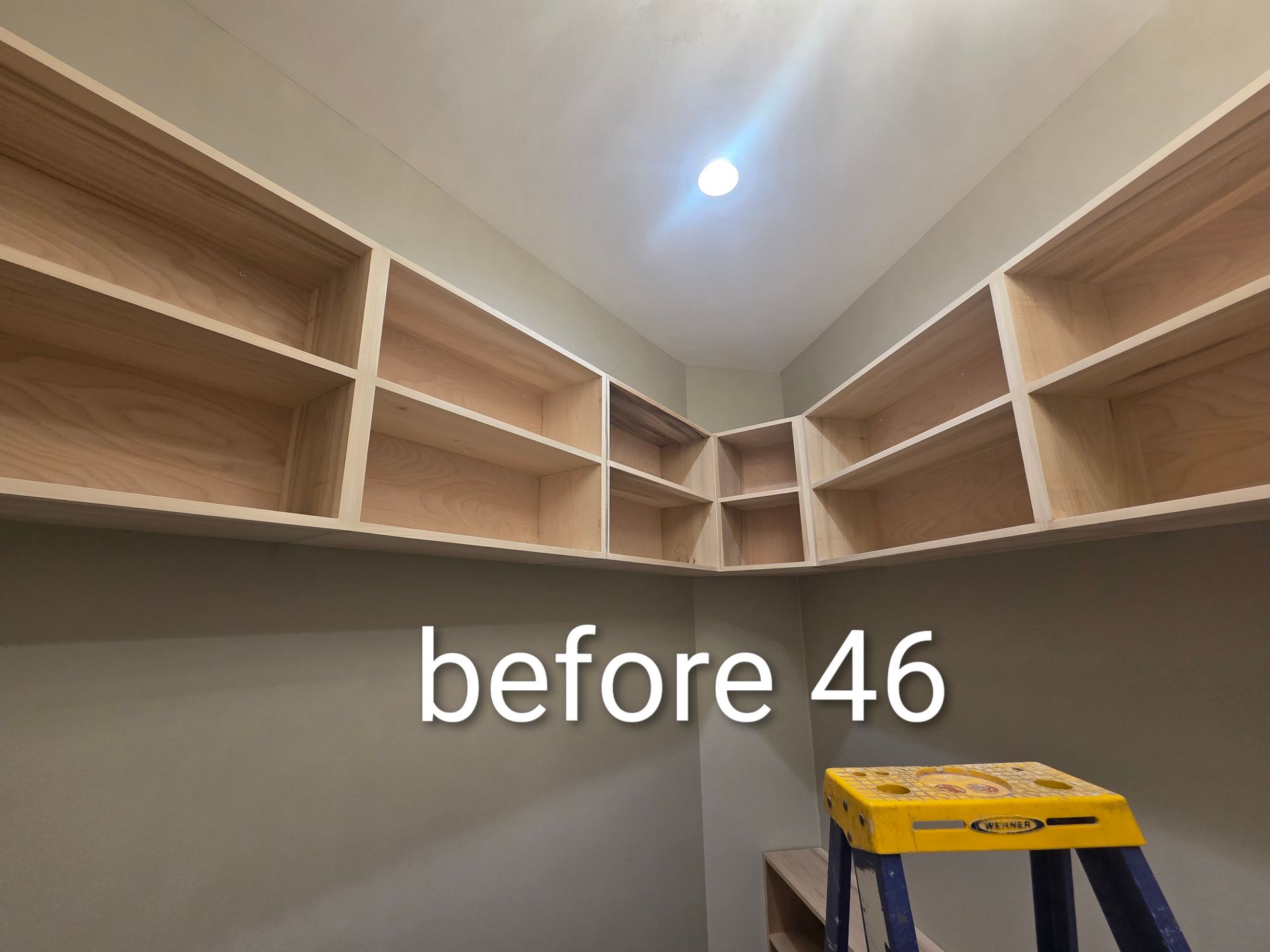 Walk-in closet with empty wood shelves and a yellow step stool under a ceiling light; “before 46” text overlay