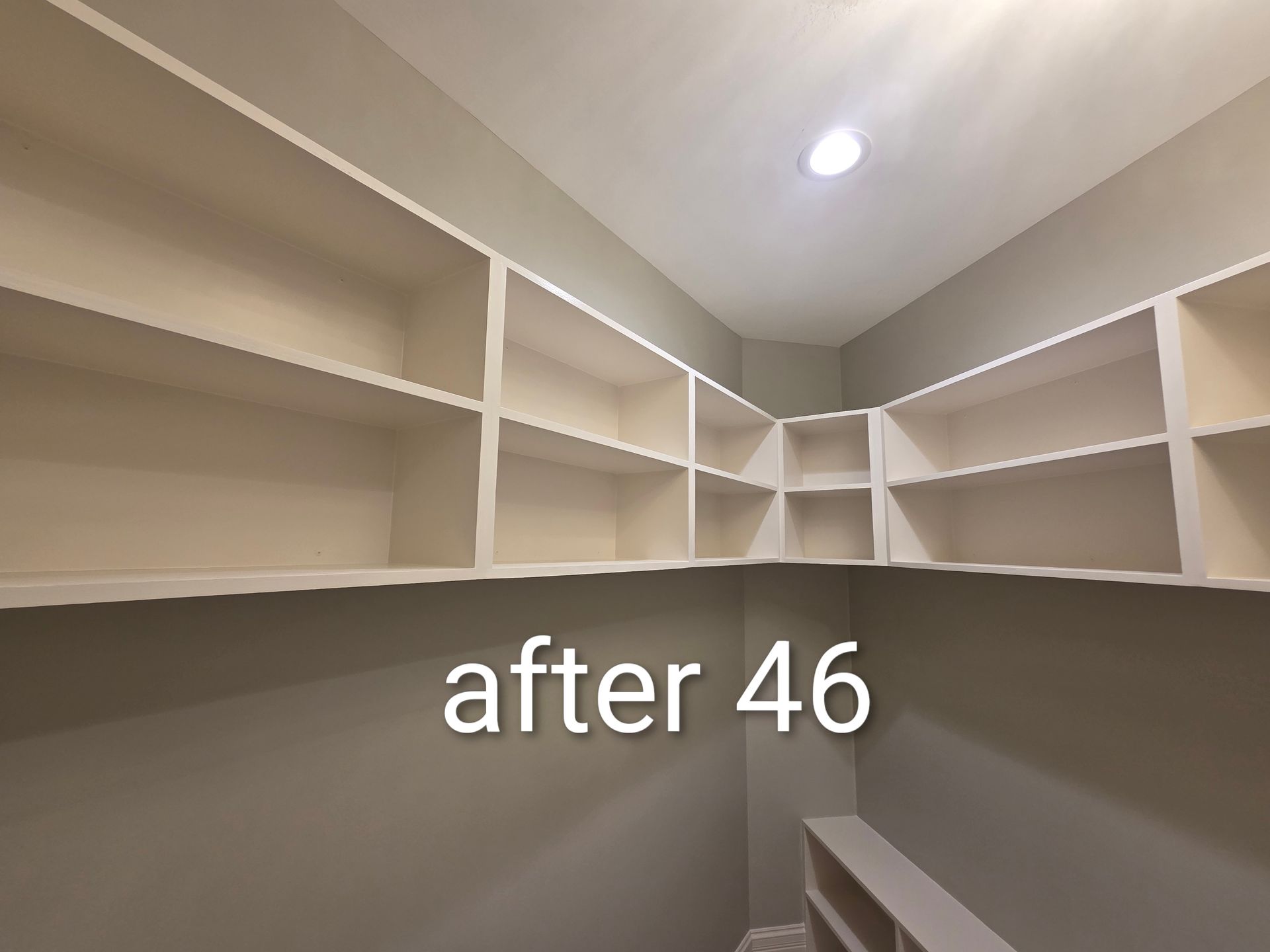 Empty beige walk-in closet with white shelves and gray walls, captioned “after 46”