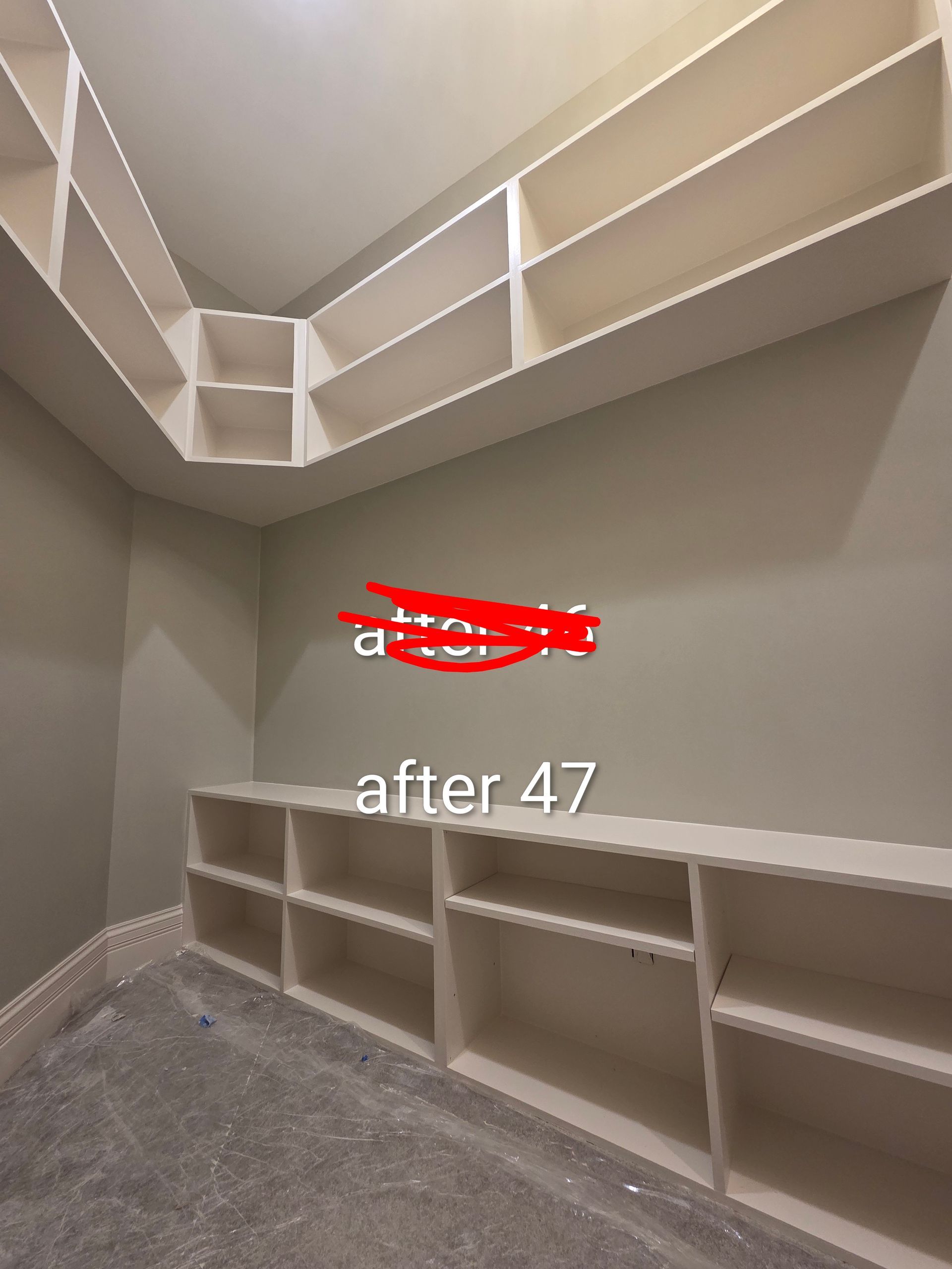 Walk-in closet with white shelves and hanging rails on beige walls, carpeted floor, and “after 47” text overlay.