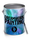 Paint can with &ldquo;DREAMWORK PAINTING&rdquo; logo, a ladder leaning beside it, and a blue-purple cosmic design.