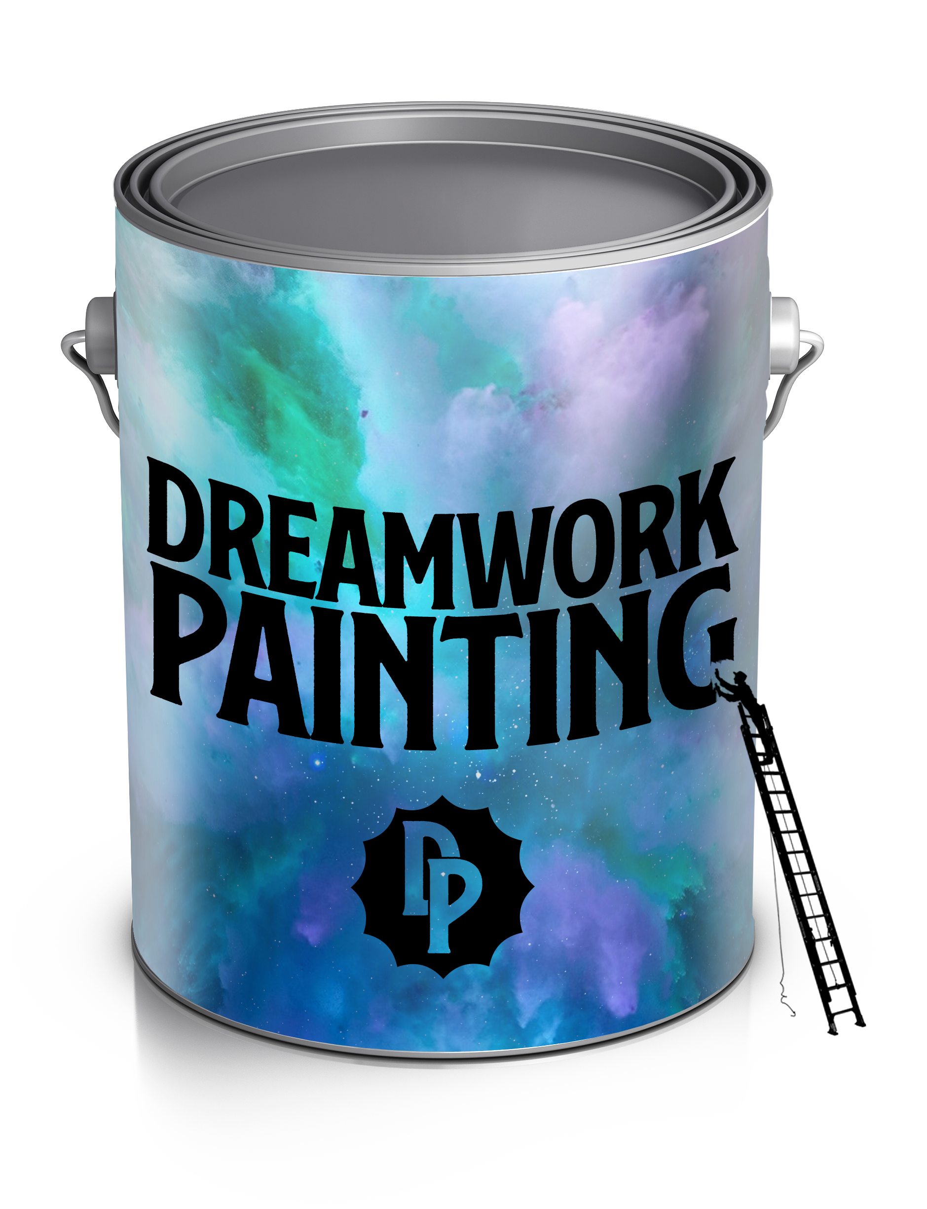 Paint can with “DREAMWORK PAINTING” logo, a ladder leaning beside it, and a blue-purple cosmic design.