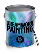 Paint can with &ldquo;DREAMWORK PAINTING&rdquo; logo, a ladder leaning beside it, and a blue-purple cosmic design.