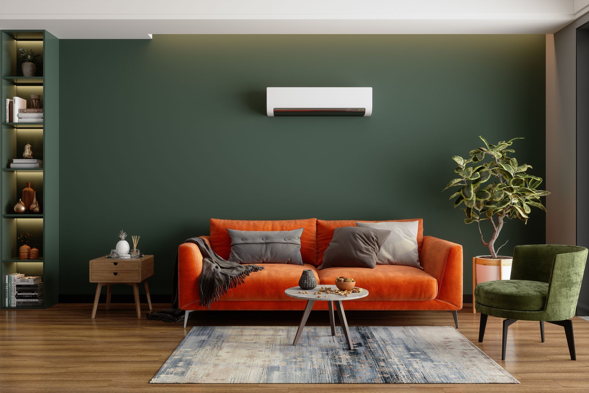 A living room with an orange couch , green chairs , and a green wall.