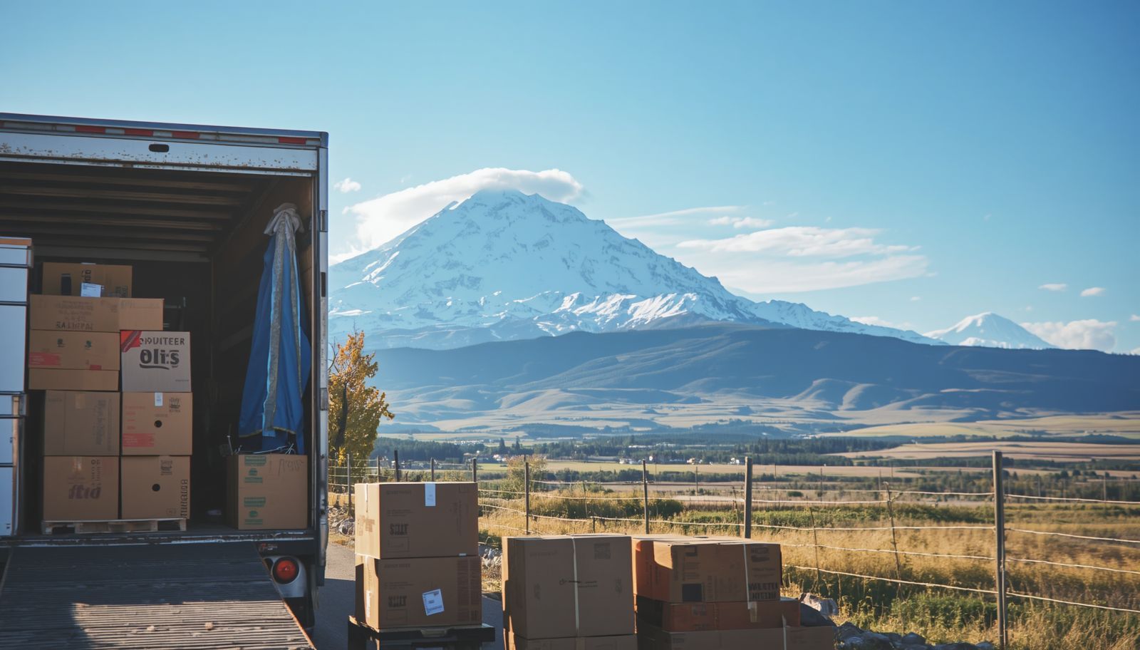 Moving truck and boxes with mountain views near Palmer, Alaska