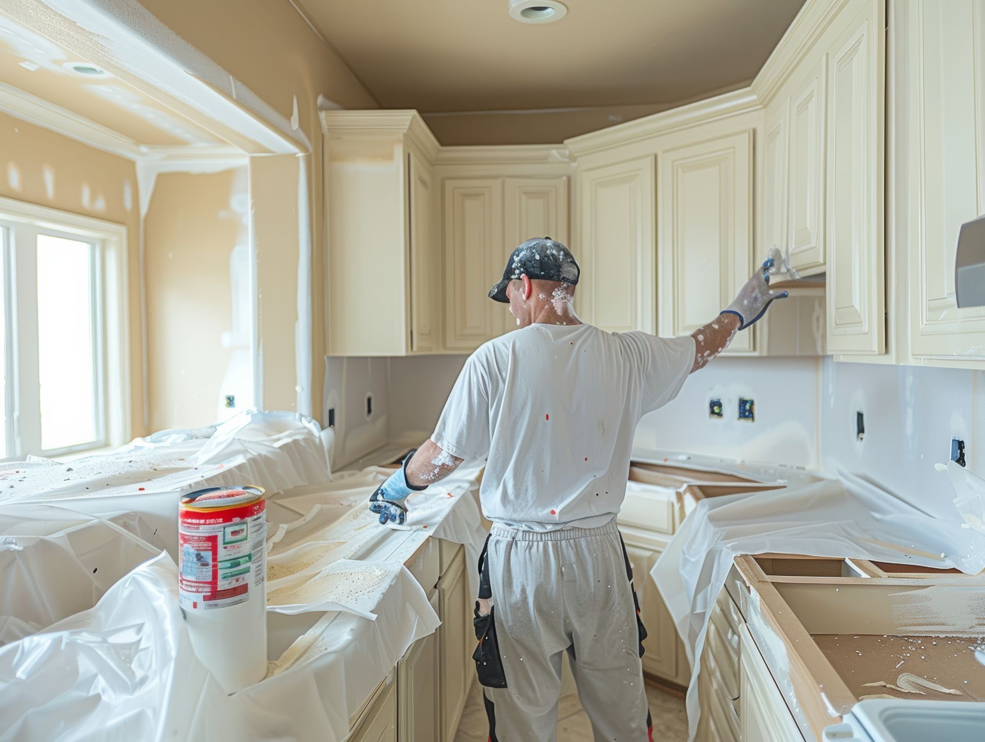 A worker in a white t-shirt and grey pants painting kitchen cabinets white in a room covered in protective plastic.