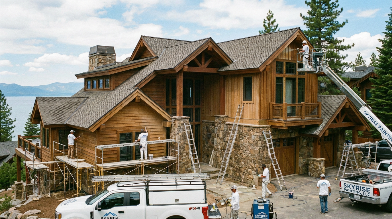 A person in white work clothes paints the sage green trim above a window while standing on a ladder near scaffolding.