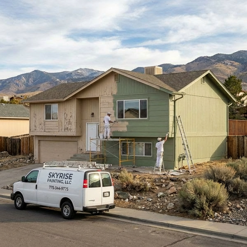 A yellow construction platform hangs on the facade of a tall building with orange, grey, and white panels.