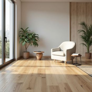 Helles Zimmer mit Holzboden, Sessel, Pflanzen und großem Fenster.