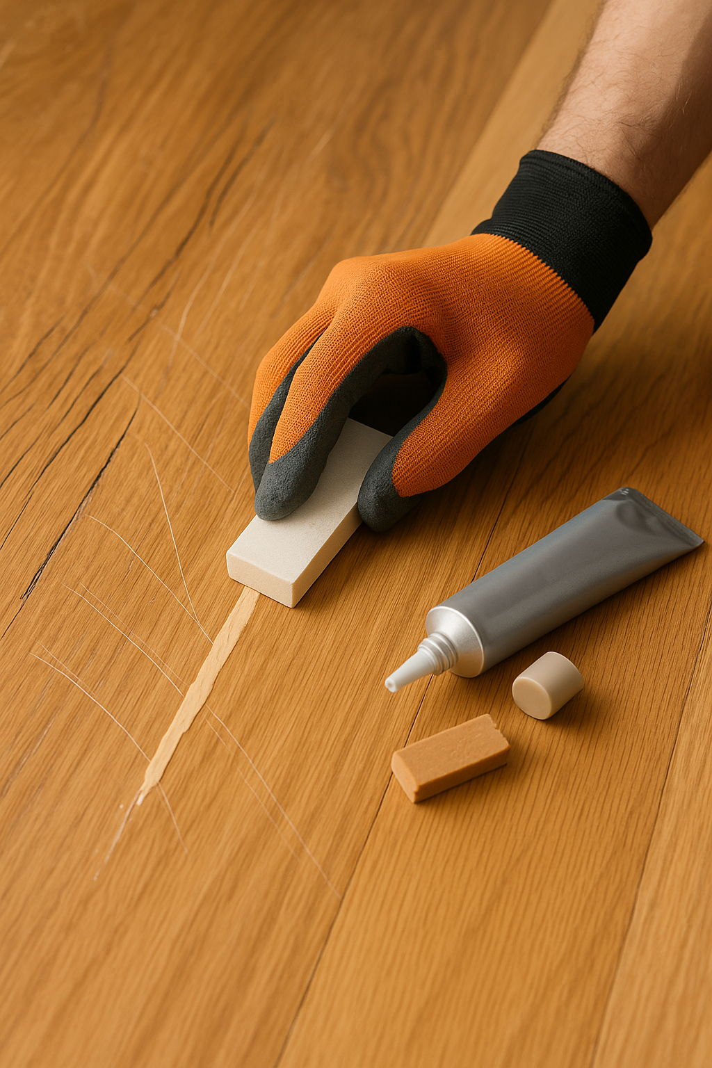 Hand in orangefarbenem Handschuh trägt Holzspachtelmasse zur Ausbesserung von Kratzern im Boden auf.