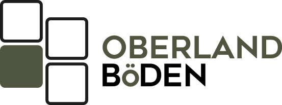 Logo für Oberland Böden, mit einem gestapelten Quadratdesign und Text in Olivgrün und Schwarz.
