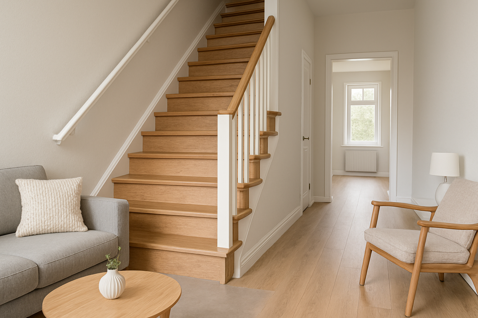 Wohnzimmer mit Holztreppe, grauem Sofa, rundem Couchtisch und einem Flur mit Fenster.
