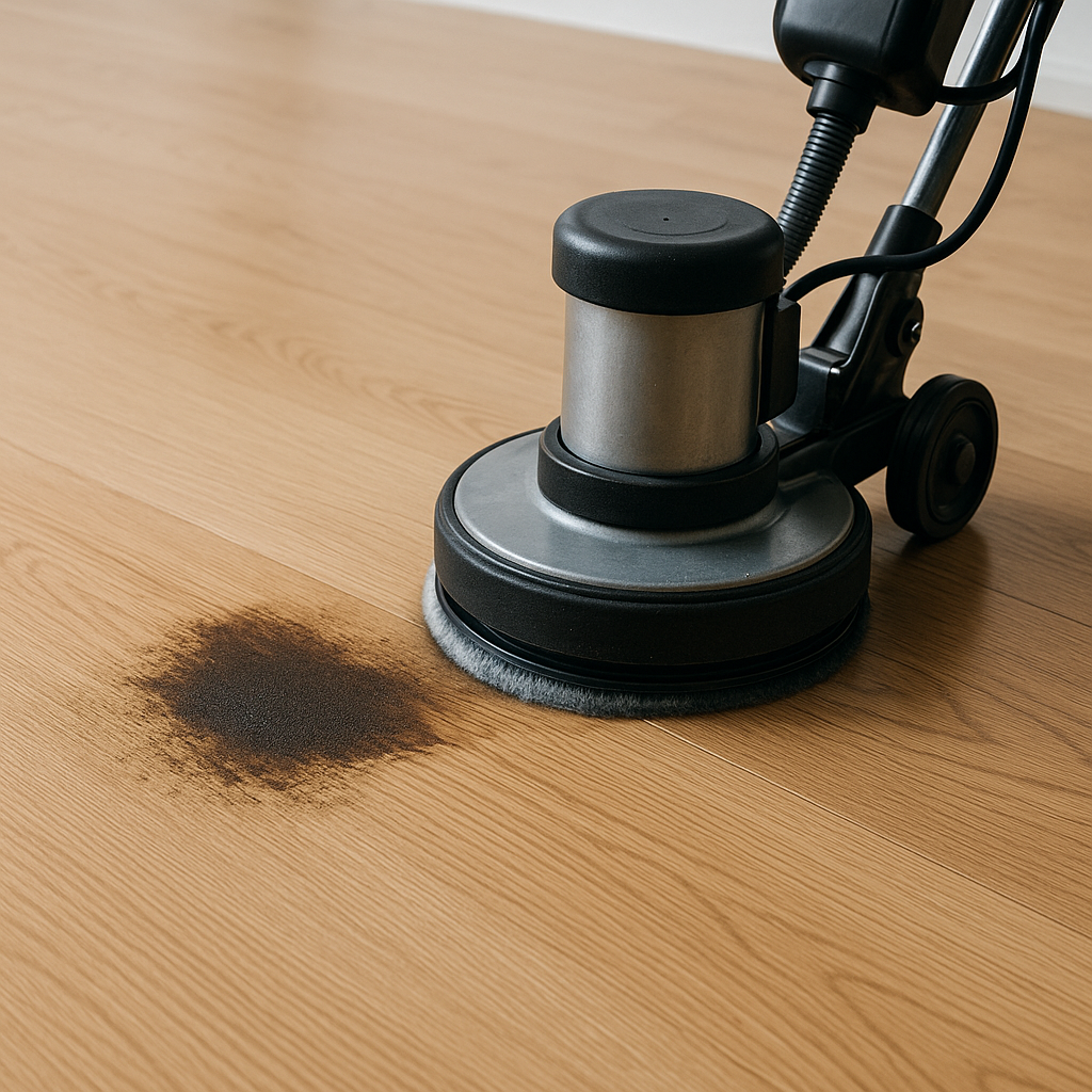 Bodenpoliermaschine reinigt einen dunklen Fleck auf hellem Holzboden.