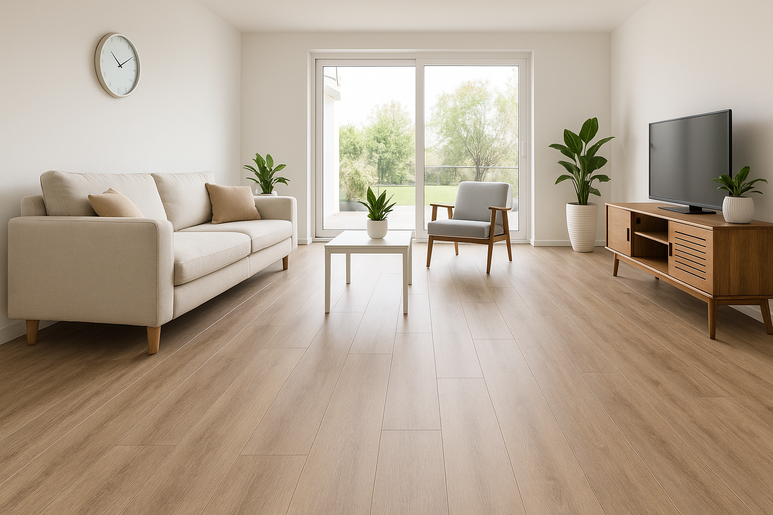 Wohnzimmer mit beigefarbenem Sofa, hölzernem Fernsehschrank, Glasschiebetür, Pflanzen und Holzboden.