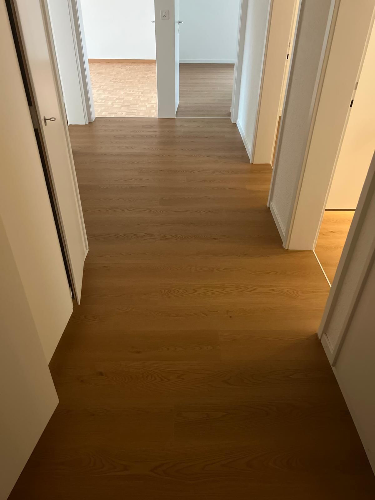 Flur mit Holzboden, weißen Türen und Zimmern mit unterschiedlichen Bodenbelägen.