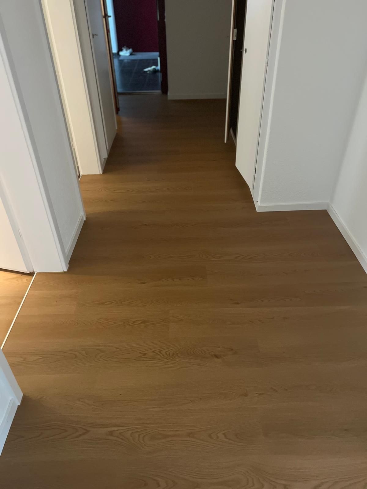 Ein Flur mit Holzbodenoptik und weißen Wänden. Eine Tür und weitere Räume sind sichtbar.