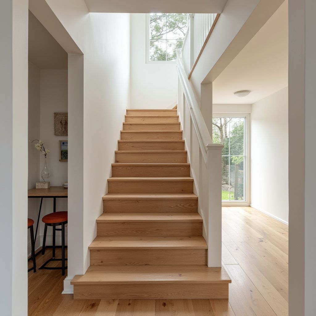 Holztreppe in einem modernen, hellen Haus. Natürliches Licht, weiße Wände und Holzboden.