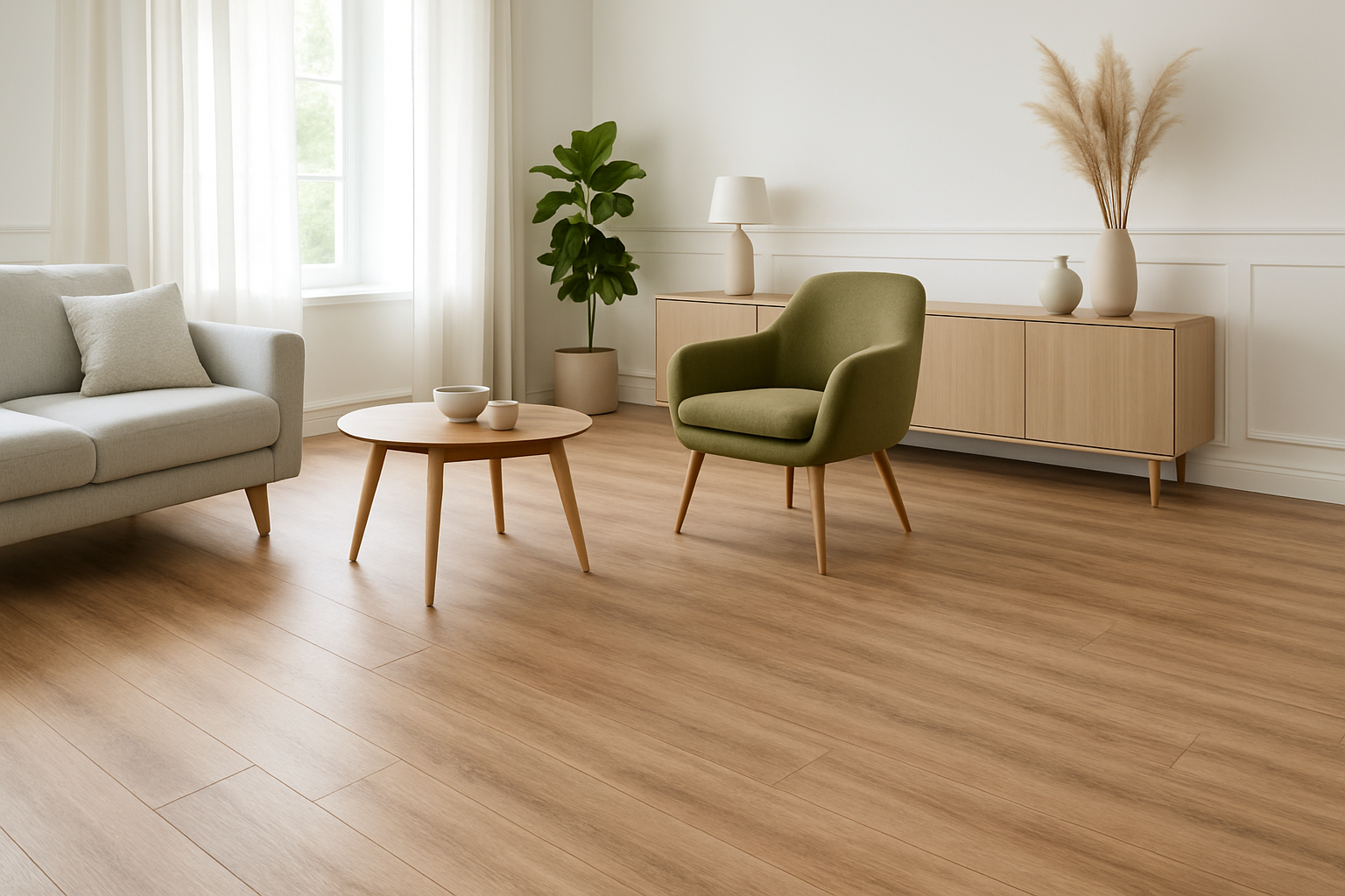 Wohnzimmer mit Holzboden, Sofa, grünem Sessel, Couchtisch und Holzschrank.