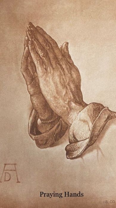 A drawing of praying hands with the words praying hands below them