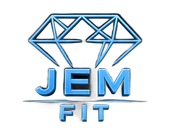 Blue geometric diamond logo with “JEM FIT” text