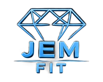 Blue geometric diamond logo with “JEM FIT” text