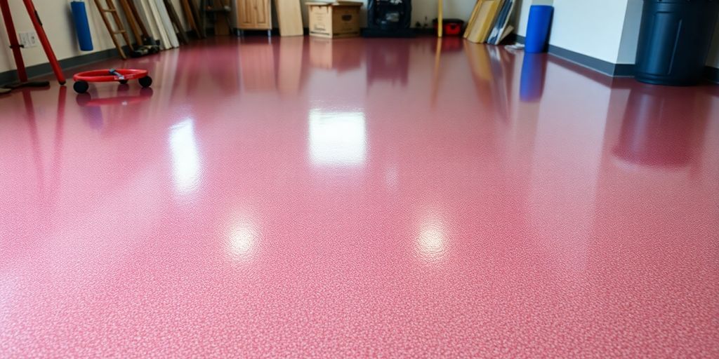 Epoxy garage floor with glossy finish and smooth texture. Epoxy garage floor with glossy finish and smooth texture.